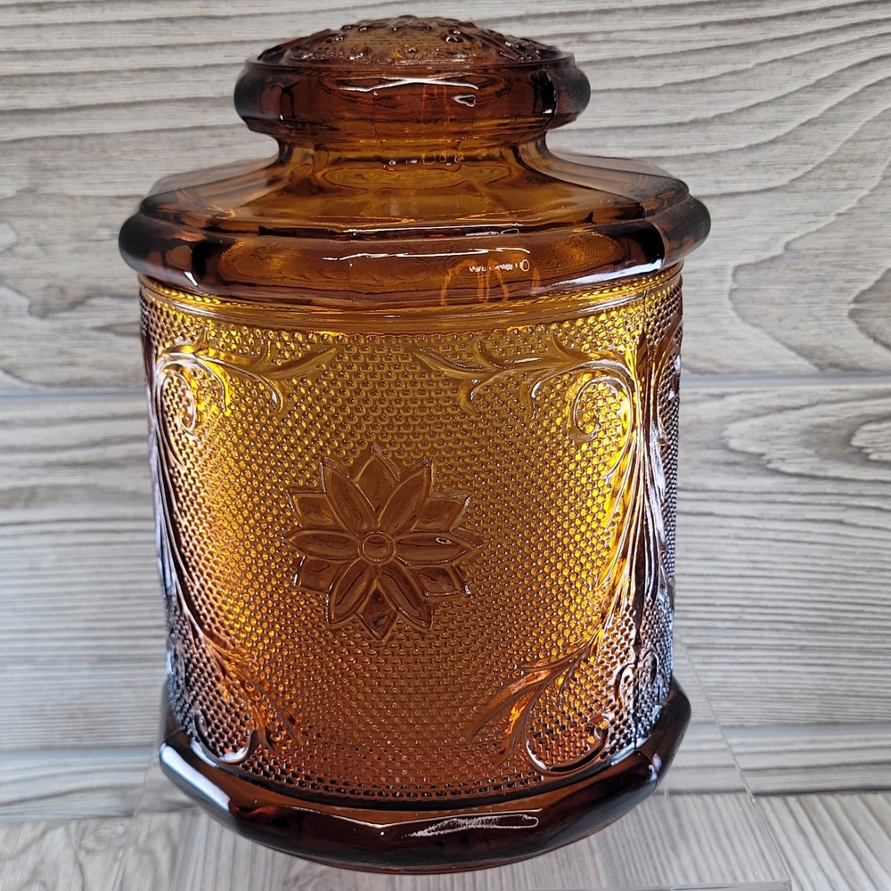 Tiara Glass Amber Sandwich Pattern Apothecary Jar Canister Lid Biscuit Vtg Brown
